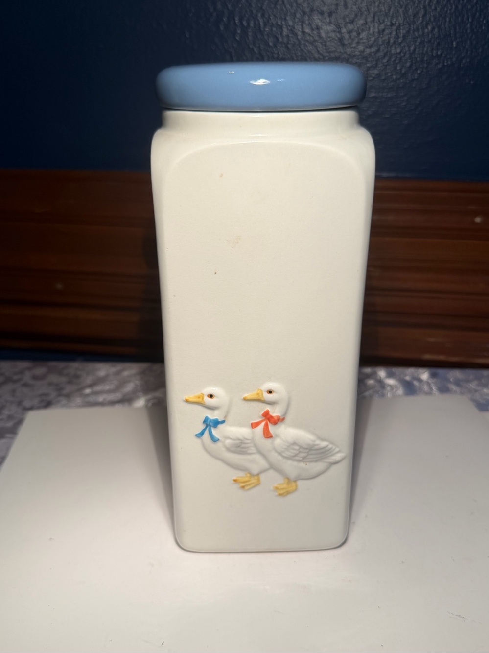 Vintage Otagiri Ceramic Canister Featuring Hand-painted White Ducks With Bows